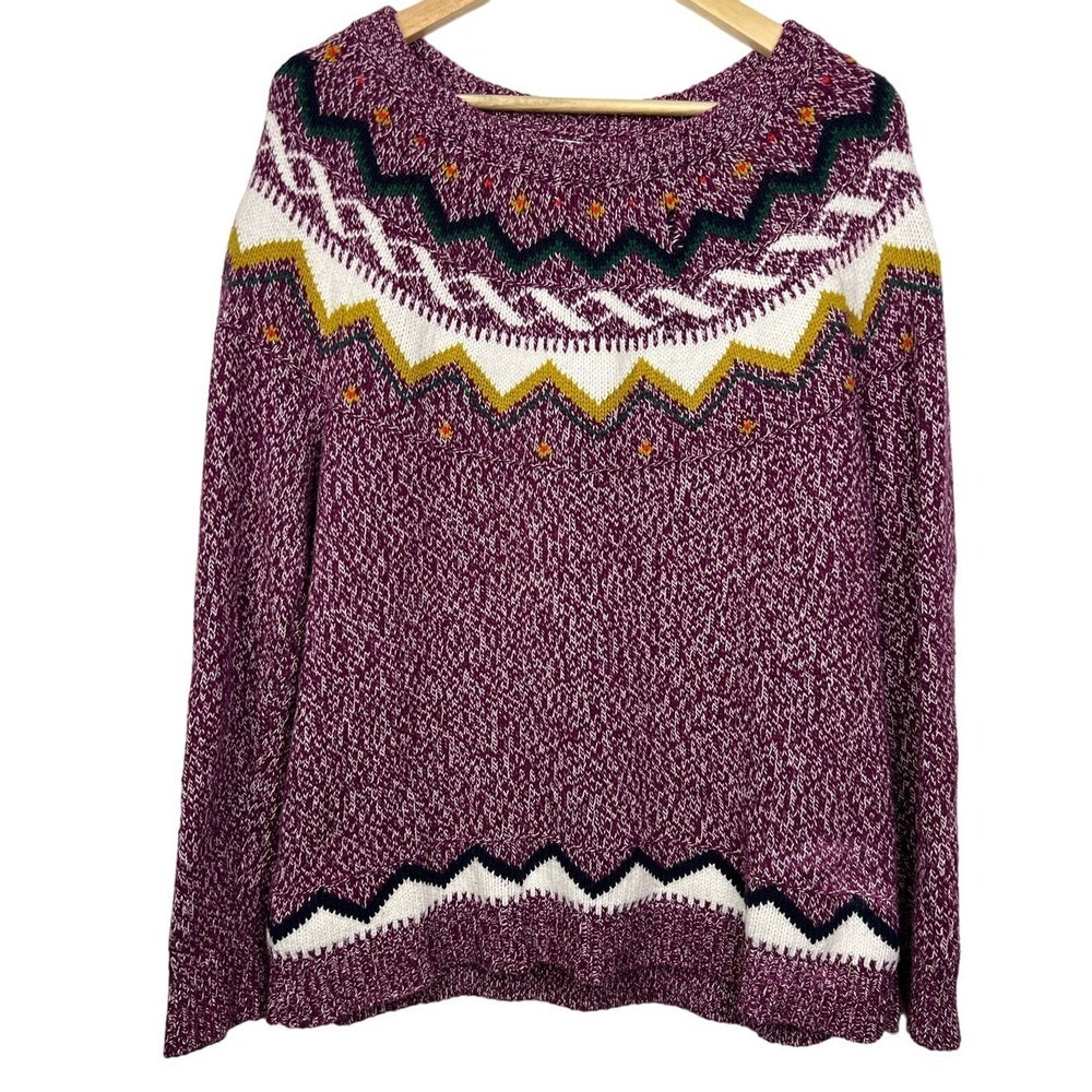 Old Navy Fair Isle Purple Long Sleeve Knitted Sweater Yellow White Green Top XL
